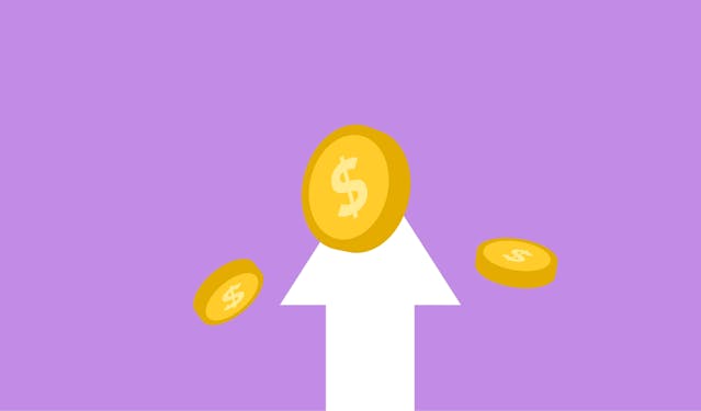 A white arrow cutout on a purple background points upwards with gold coins with dollar signs on them, representing an increase in value through compounding value.